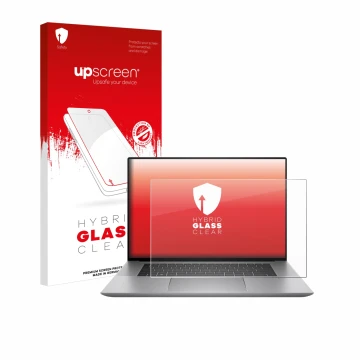 Parte frontale di una confezione del prodotto con il logo del marchio upscreen. Accanto è raffigurato il dispositivo HP Zbook 