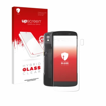 Parte frontale di una confezione del prodotto con il logo del marchio upscreen. Accanto è raffigurato il dispositivo Zebra TC2