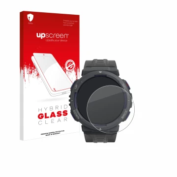 Parte frontale di una confezione del prodotto con il logo del marchio upscreen. Accanto è raffigurato il dispositivo Amazfit A