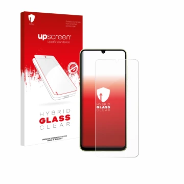 Parte frontale di una confezione del prodotto con il logo del marchio upscreen. Accanto è raffigurato il dispositivo Samsung G