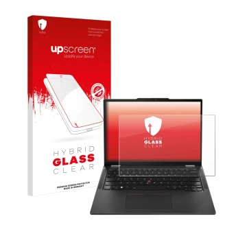 Parte frontale di una confezione del prodotto con il logo del marchio upscreen. Accanto è raffigurato il dispositivo Lenovo Th