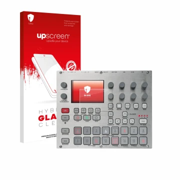 Parte frontale di una confezione del prodotto con il logo del marchio upscreen. Accanto è raffigurato il dispositivo Elektron 