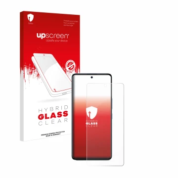 Parte frontale di una confezione del prodotto con il logo del marchio upscreen. Accanto è raffigurato il dispositivo Infinix G