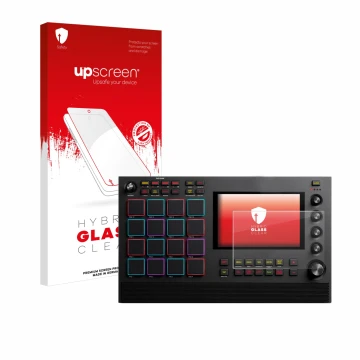 Parte frontale di una confezione del prodotto con il logo del marchio upscreen. Accanto è raffigurato il dispositivo Akai MPC 