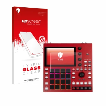 Parte frontale di una confezione del prodotto con il logo del marchio upscreen. Accanto è raffigurato il dispositivo Akai MPC 