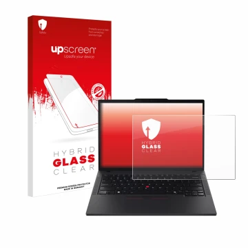 Parte frontale di una confezione del prodotto con il logo del marchio upscreen. Accanto è raffigurato il dispositivo Lenovo Th