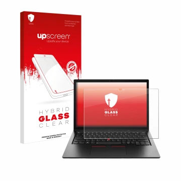 Parte frontale di una confezione del prodotto con il logo del marchio upscreen. Accanto è raffigurato il dispositivo Lenovo Th