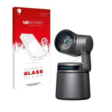 Parte frontale di una confezione del prodotto con il logo del marchio upscreen. Accanto è raffigurato il dispositivo OBSBOT Ta