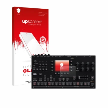 Parte frontale di una confezione del prodotto con il logo del marchio upscreen. Accanto è raffigurato il dispositivo Elektron 