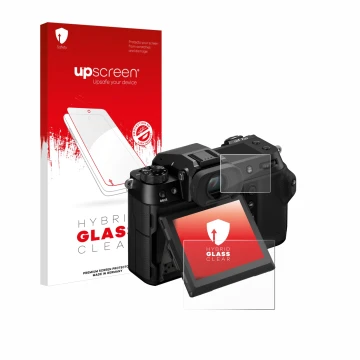 Parte frontale di una confezione del prodotto con il logo del marchio upscreen. Accanto è raffigurato il dispositivo Fujifilm 