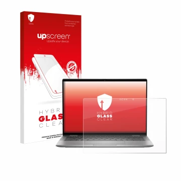 Parte frontale di una confezione del prodotto con il logo del marchio upscreen. Accanto è raffigurato il dispositivo Dell Lati