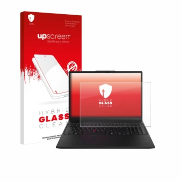Parte frontale di una confezione del prodotto con il logo del marchio upscreen. Accanto è raffigurato il dispositivo Lenovo Th