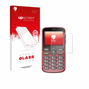 Parte frontale di una confezione del prodotto con il logo del marchio upscreen. Accanto è raffigurato il dispositivo Doro 1880