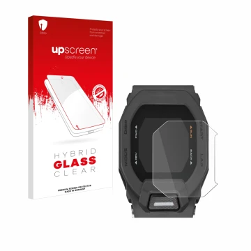 Parte frontale di una confezione del prodotto con il logo del marchio upscreen. Accanto è raffigurato il dispositivo Casio G-S