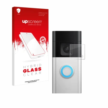 Parte frontale di una confezione del prodotto con il logo del marchio upscreen. Accanto è raffigurato il dispositivo Ring Batt