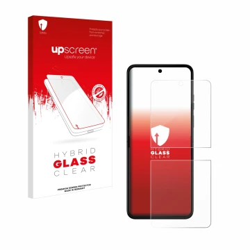 Parte frontale di una confezione del prodotto con il logo del marchio upscreen. Accanto è raffigurato il dispositivo Motorola 