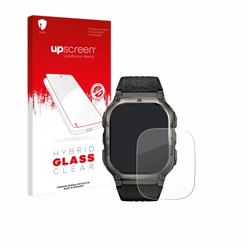 Parte frontale di una confezione del prodotto con il logo del marchio upscreen. Accanto è raffigurato il dispositivo Kospet Ta