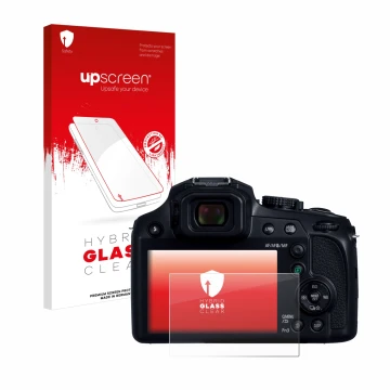 Parte frontale di una confezione del prodotto con il logo del marchio upscreen. Accanto è raffigurato il dispositivo Panasonic