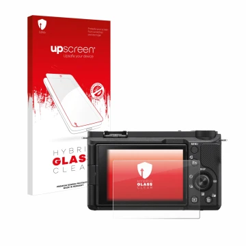 Parte frontale di una confezione del prodotto con il logo del marchio upscreen. Accanto è raffigurato il dispositivo Sony Alph