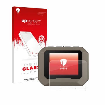 Parte frontale di una confezione del prodotto con il logo del marchio upscreen. Accanto è raffigurato il dispositivo Garmin Xe