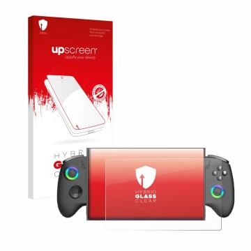Parte frontale di una confezione del prodotto con il logo del marchio upscreen. Accanto è raffigurato il dispositivo OneXPlaye