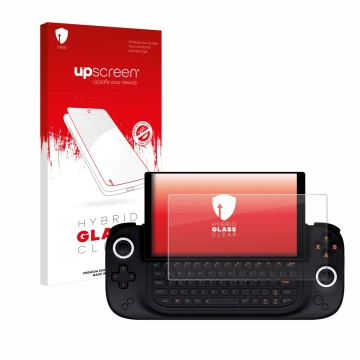 Parte frontale di una confezione del prodotto con il logo del marchio upscreen. Accanto è raffigurato il dispositivo Ayaneo Sl