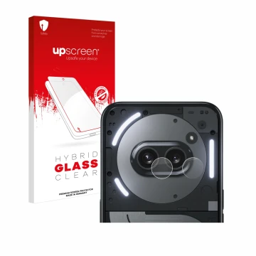 Parte frontale di una confezione del prodotto con il logo del marchio upscreen. Accanto è raffigurato il dispositivo Nothing P