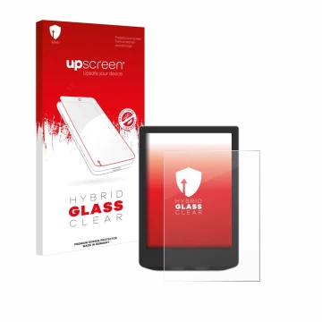Parte frontale di una confezione del prodotto con il logo del marchio upscreen. Accanto è raffigurato il dispositivo Vivlio Li
