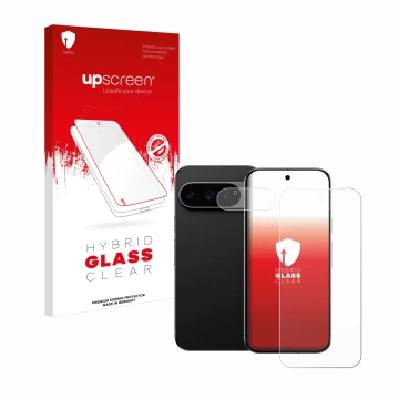 Parte frontale di una confezione del prodotto con il logo del marchio upscreen. Accanto è raffigurato il dispositivo Google Pi