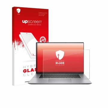 Parte frontale di una confezione del prodotto con il logo del marchio upscreen. Accanto è raffigurato il dispositivo HP Zbook 
