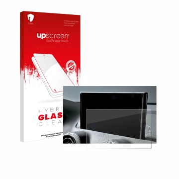 Parte frontale di una confezione del prodotto con il logo del marchio upscreen. Accanto è raffigurato il dispositivo Audi Q2 F