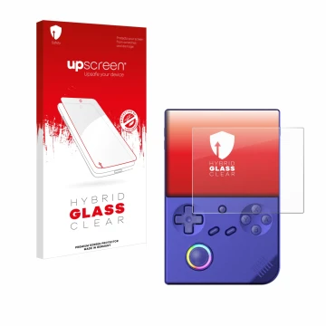 Parte frontale di una confezione del prodotto con il logo del marchio upscreen. Accanto è raffigurato il dispositivo Anbernic 