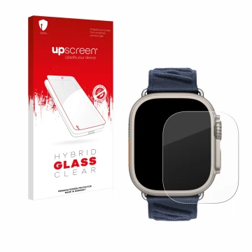 Parte frontale di una confezione del prodotto con il logo del marchio upscreen. Accanto è raffigurato il dispositivo Apple Wat
