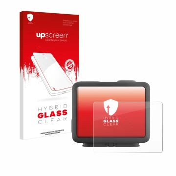 Parte frontale di una confezione del prodotto con il logo del marchio upscreen. Accanto è raffigurato il dispositivo GoPro Her