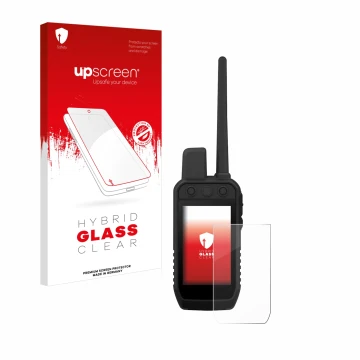 Parte frontale di una confezione del prodotto con il logo del marchio upscreen. Accanto è raffigurato il dispositivo Garmin Al