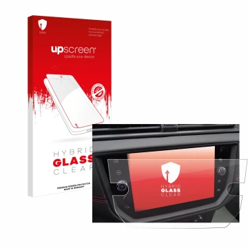 Parte frontale di una confezione del prodotto con il logo del marchio upscreen. Accanto è raffigurato il dispositivo Seat Aron