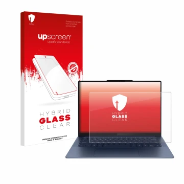 Parte frontale di una confezione del prodotto con il logo del marchio upscreen. Accanto è raffigurato il dispositivo Lenovo Yo