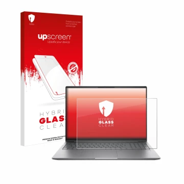 Parte frontale di una confezione del prodotto con il logo del marchio upscreen. Accanto è raffigurato il dispositivo HP ZBook 