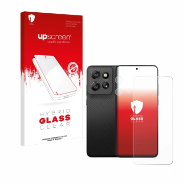 Parte frontale di una confezione del prodotto con il logo del marchio upscreen. Accanto è raffigurato il dispositivo Motorola 
