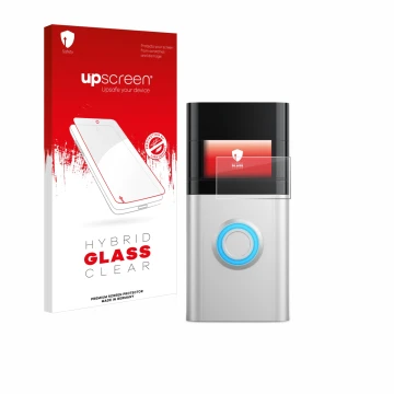 Parte frontale di una confezione del prodotto con il logo del marchio upscreen. Accanto è raffigurato il dispositivo Ring Vide