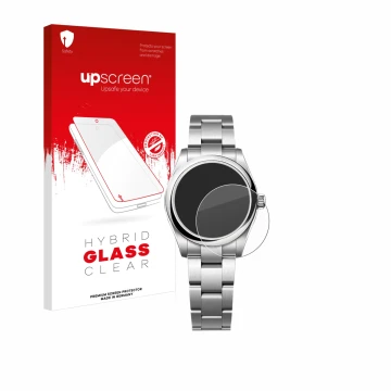 Parte frontale di una confezione del prodotto con il logo del marchio upscreen. Accanto è raffigurato il dispositivo Rolex Oys