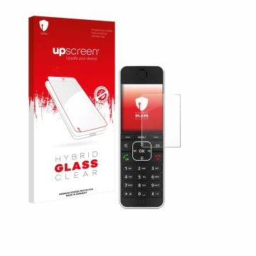 Parte frontale di una confezione del prodotto con il logo del marchio upscreen. Accanto è raffigurato il dispositivo AVM Fritz