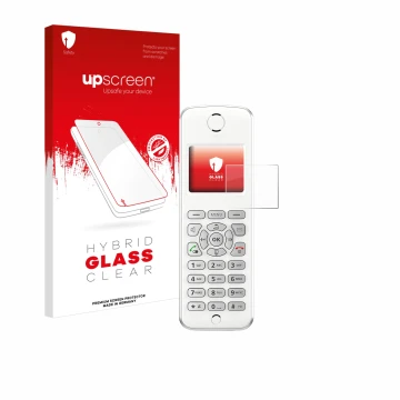 Parte frontale di una confezione del prodotto con il logo del marchio upscreen. Accanto è raffigurato il dispositivo AVM Fritz