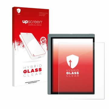 Parte frontale di una confezione del prodotto con il logo del marchio upscreen. Accanto è raffigurato il dispositivo Bigme B10