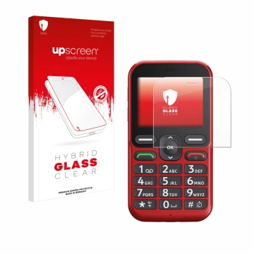 Parte frontale di una confezione del prodotto con il logo del marchio upscreen. Accanto è raffigurato il dispositivo Doro Leva