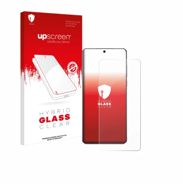 Parte frontale di una confezione del prodotto con il logo del marchio upscreen. Accanto è raffigurato il dispositivo OnePlus 1