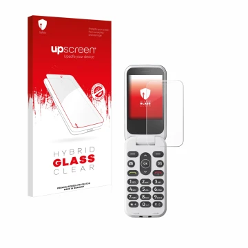 Parte frontale di una confezione del prodotto con il logo del marchio upscreen. Accanto è raffigurato il dispositivo Doro 2820