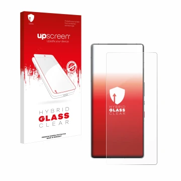 Parte frontale di una confezione del prodotto con il logo del marchio upscreen. Accanto è raffigurato il dispositivo ZTE Nubia