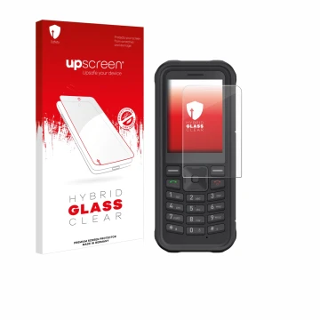 Parte frontale di una confezione del prodotto con il logo del marchio upscreen. Accanto è raffigurato il dispositivo Sonim XP1