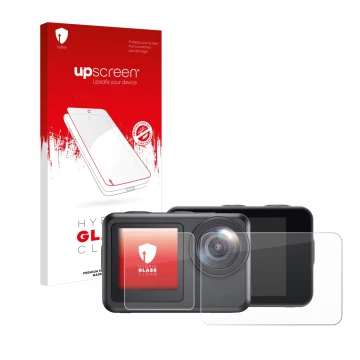 Parte frontale di una confezione del prodotto con il logo del marchio upscreen. Accanto è raffigurato il dispositivo Akaso Bra